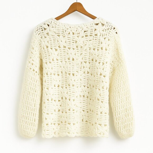 Crochet Sweater White Luxe Floral Pullover Elegant Boho Chic Knit Top Size M - Picture 2 of 4